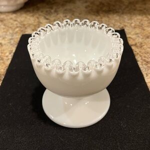 Vintage Fenton White Clear Silvercrest Art Glass Pedestal Dip Bowl Ruffled Edge